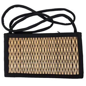 Baskets of Cambodia Crossbody Purse Handcrafted Woven Black & Tan Straw